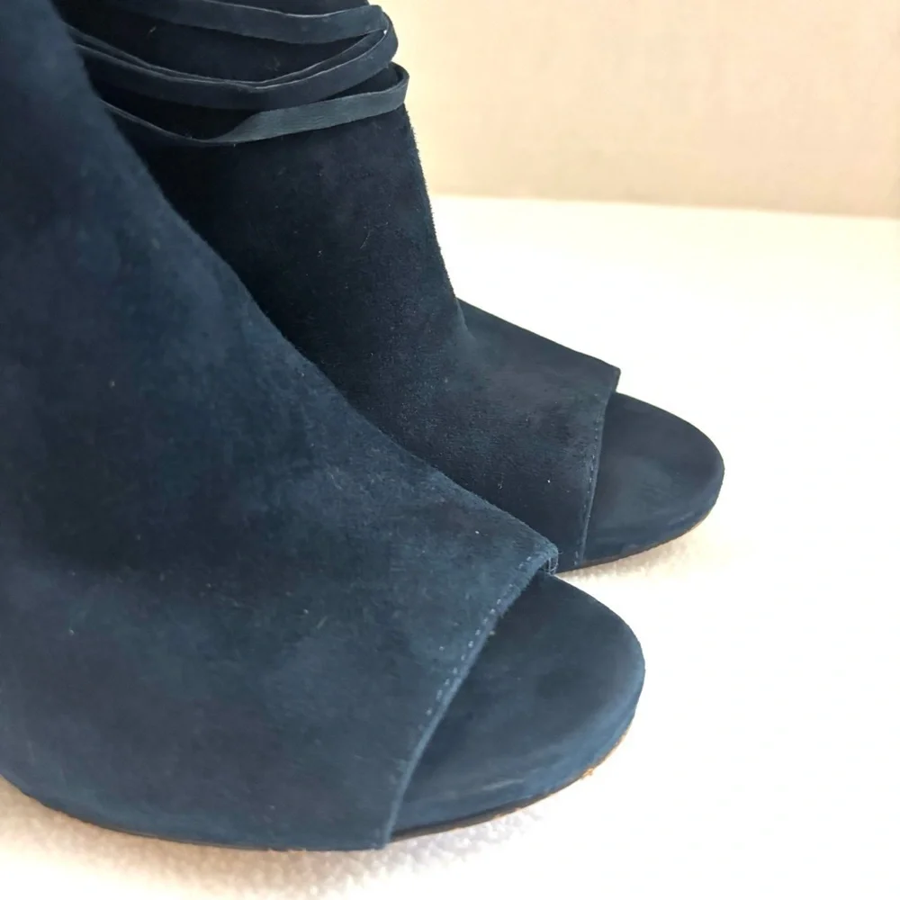 Vince Camuto‎ Navy Suede Leather Fringe Stiletto Heel Open Toe Booties (8)